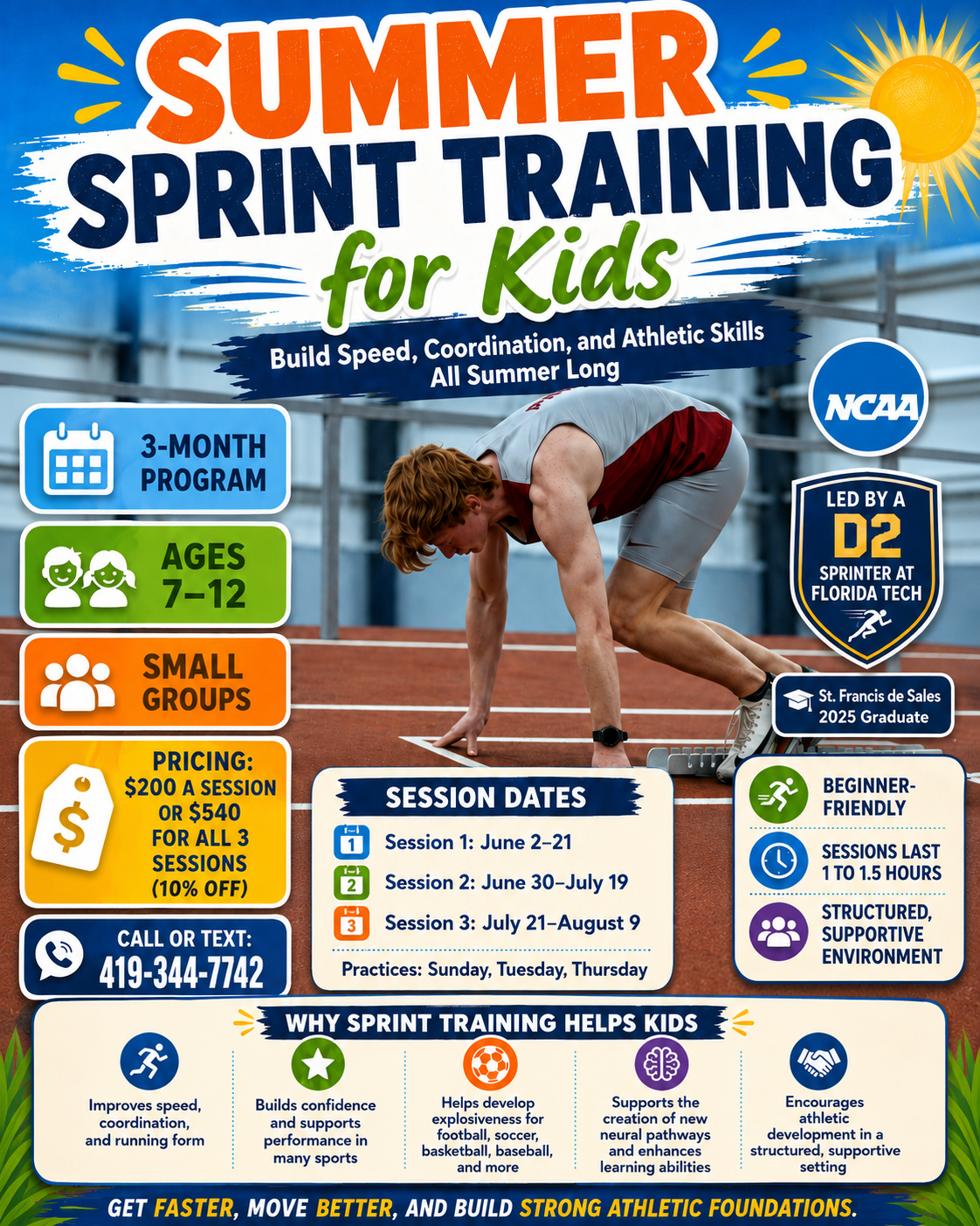 Summer Sprint Training for Toledo area athletes flyer with program dates, pricing, and contact information